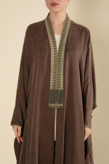 Sahar Luxe Beaded Trim Abaya – Mocha